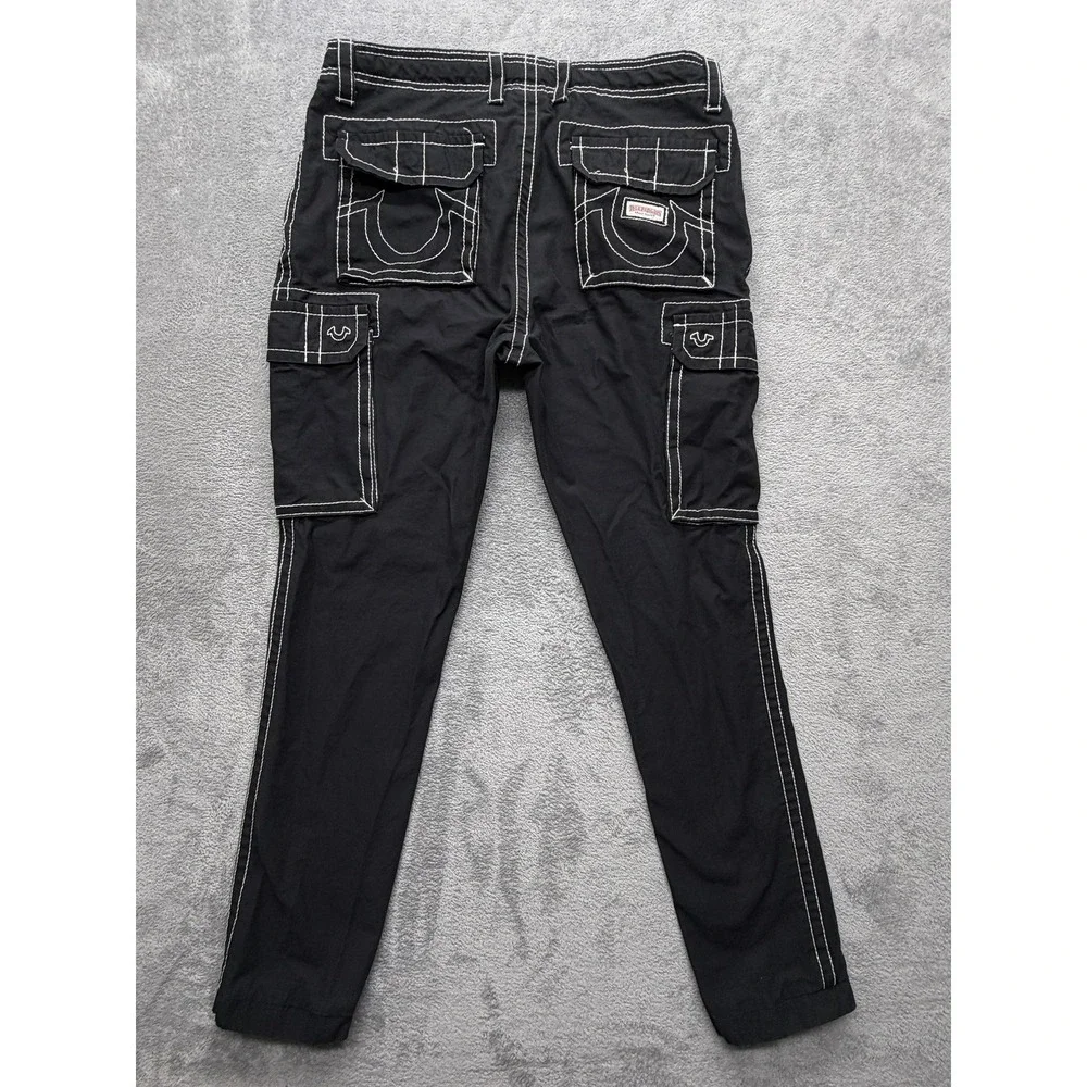True Religion Pants Mens Measured 37x31 Black Cargo Slim Tapered Logo Cuffed‎